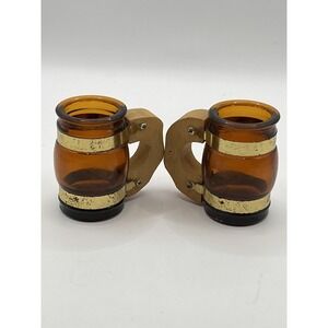 2 Vtg 1960's Siesta Ware Amber  Brown Barrel Glass Mug Wood Handle